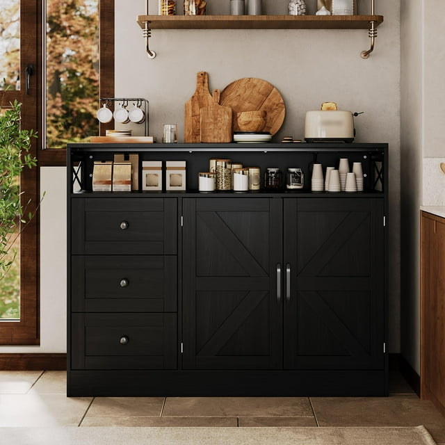 47 Inch Farmhouse Sideboard Buffet Cabinet with Built In Power Outlet, Coffee Bar Table with 3 Drawers and Barn Doors, Adjustable Shelves Storage for Kitchen Dining Room Living Room, Black White