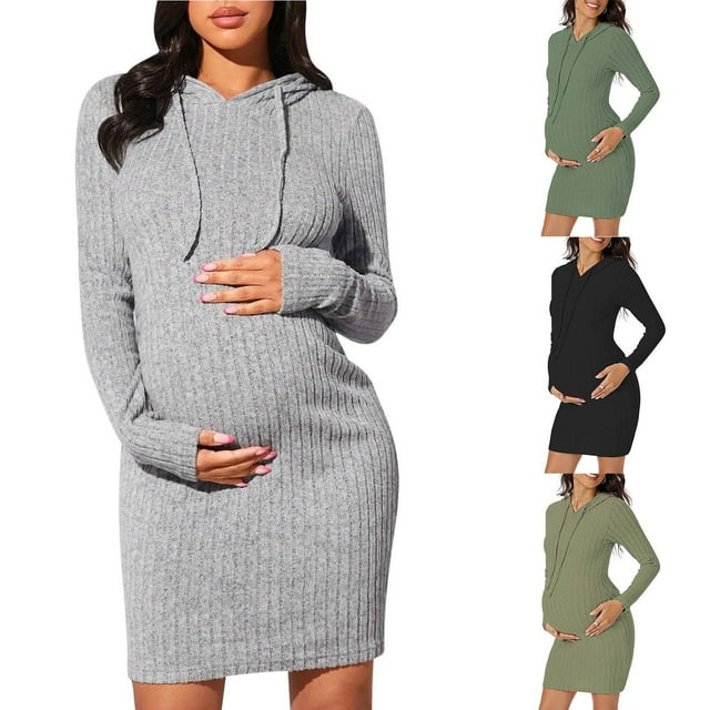 Combinaison de Maternité à Capuche, Robe à Manches Longues avec Cordon de Serrage, Mélange de Coton Doux, Tenue de Grossesse Confortable, pour Usage Quotidien, Coiffure Facile, Mode Éthique, Matériau Extensible, Tenue Polyvalente, Famille
