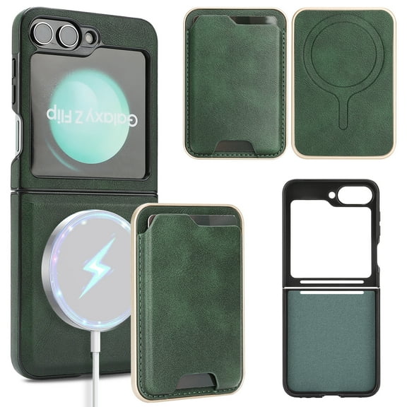 Compatible with Magsafe 2 in 1 Detachable Samsung Galaxy Z Flip 5 Wallet Credit Slots Case,Women Men Magnetic PU Leather RFID Blocking Flip Kickstand Phone Case For Samsung Galaxy Z Flip 5,Green