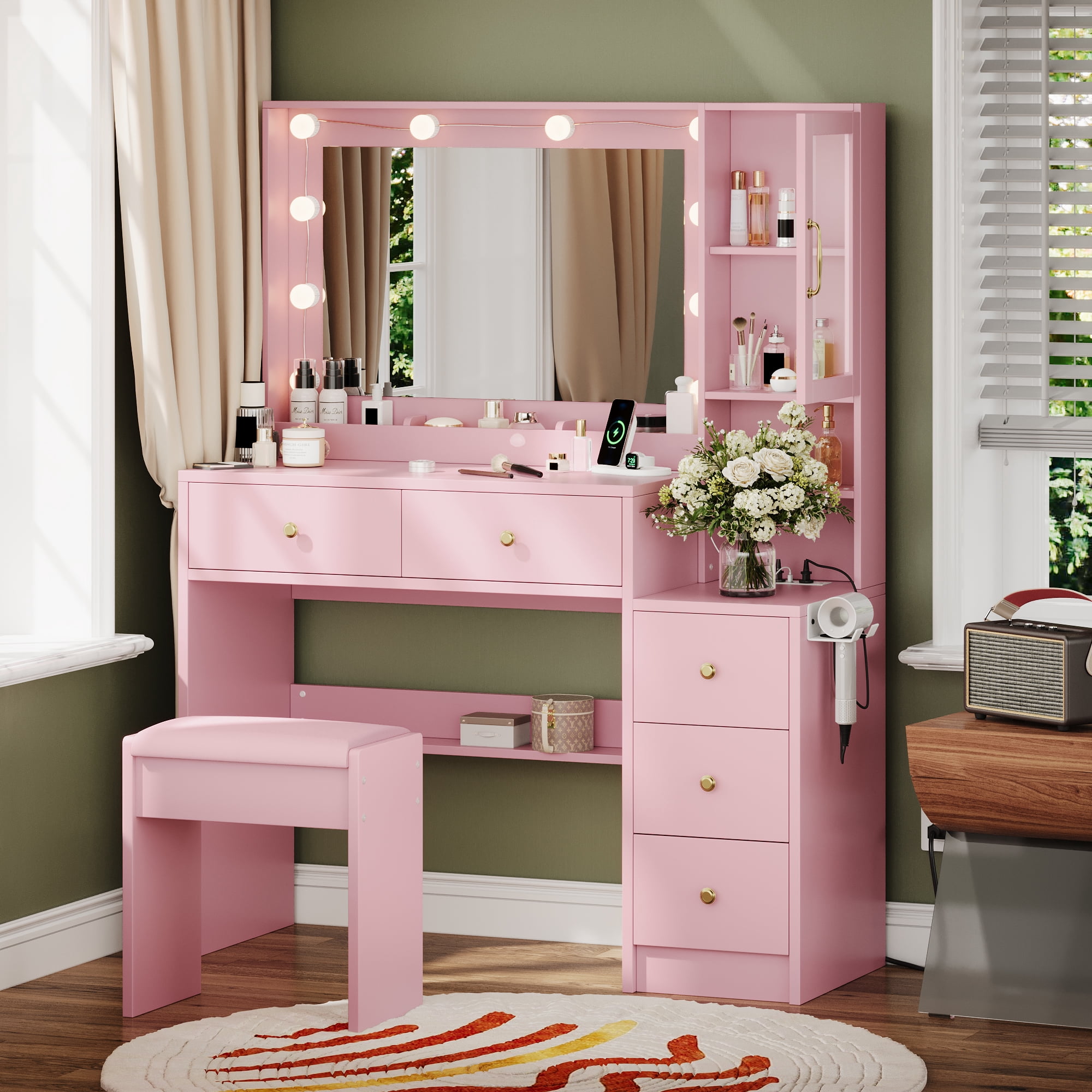 TOKSOM Pink Vanity Desk with Mirror and Lights, Cute Makeup Vanity with Charging Station & 5 Drawers, Acrylic Cabinet Dressing Table with Stool, Gift for Girls & Teens