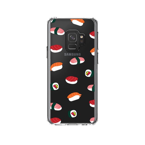 DistinctInk Clear Shockproof Hybrid Case for Samsung Galaxy S9 (5.8" Screen) - TPU Bumper, Acrylic Back, Tempered Glass Screen Protector - Cartoon Sushi