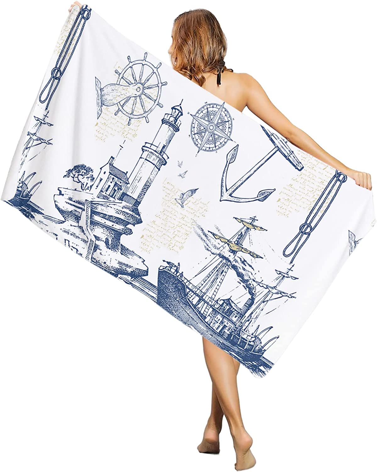 Beach Towel Beach Blanket,Lighthouse Ship Nautical Anchor Compass Beach