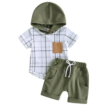 

Musuos Baby Boys Plaid Hoodie T shirt Tops Elastic Waist Shorts With Pockets