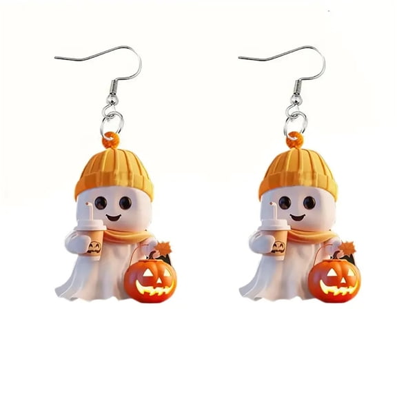Cute Ghost Pumpkin Acrylic Dangle Drop Cartoon Earrings for Women Lightweight Handmade Ghost Holding Coffee Hook Funny Halloween Party Holiday Festive Jewelry Gifts