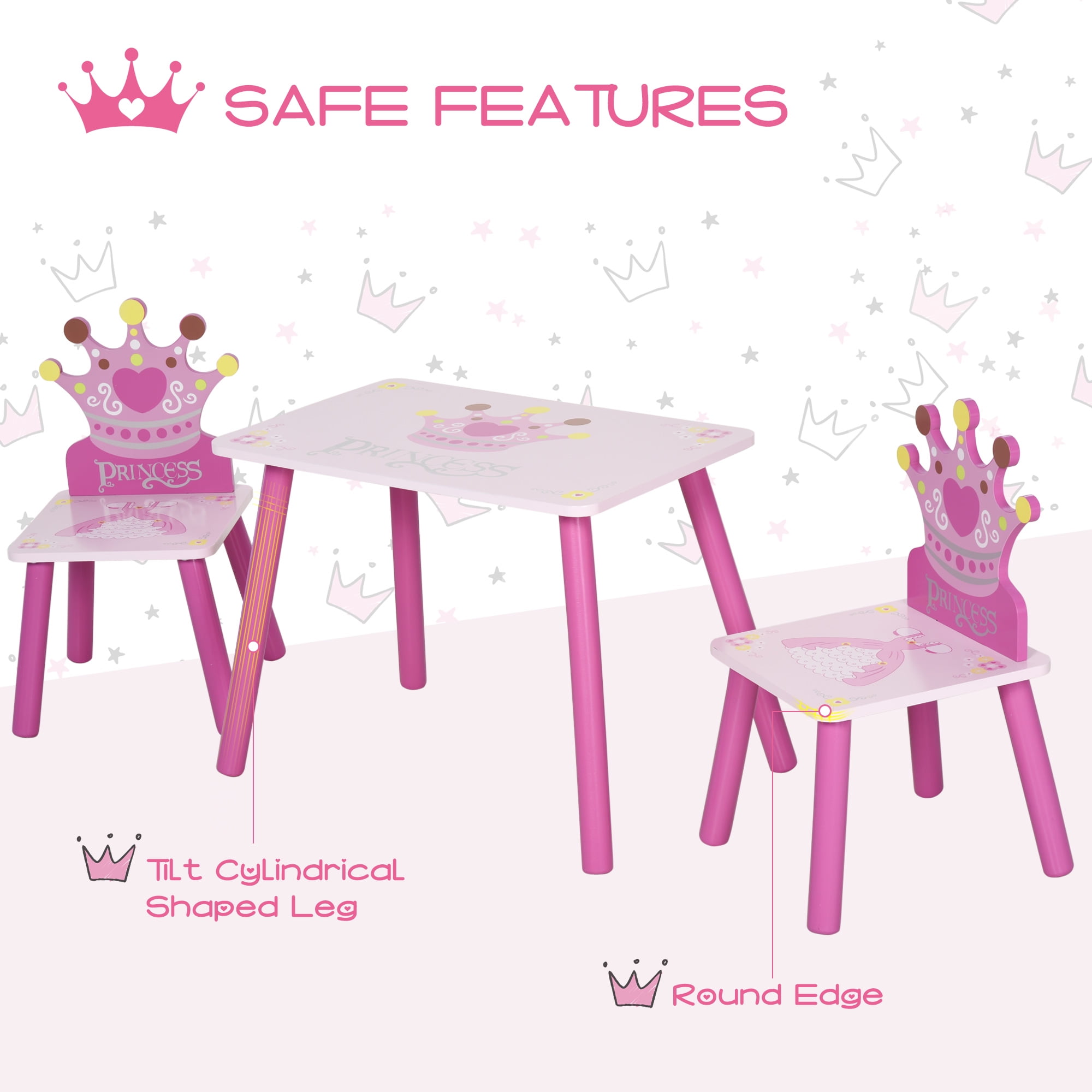 Qaba 3-Piece Kids Wooden Table and Chair Set with Crown Pattern Gift for Girls Toddlers Arts Reading Writing Age 2-4 Years Pink
