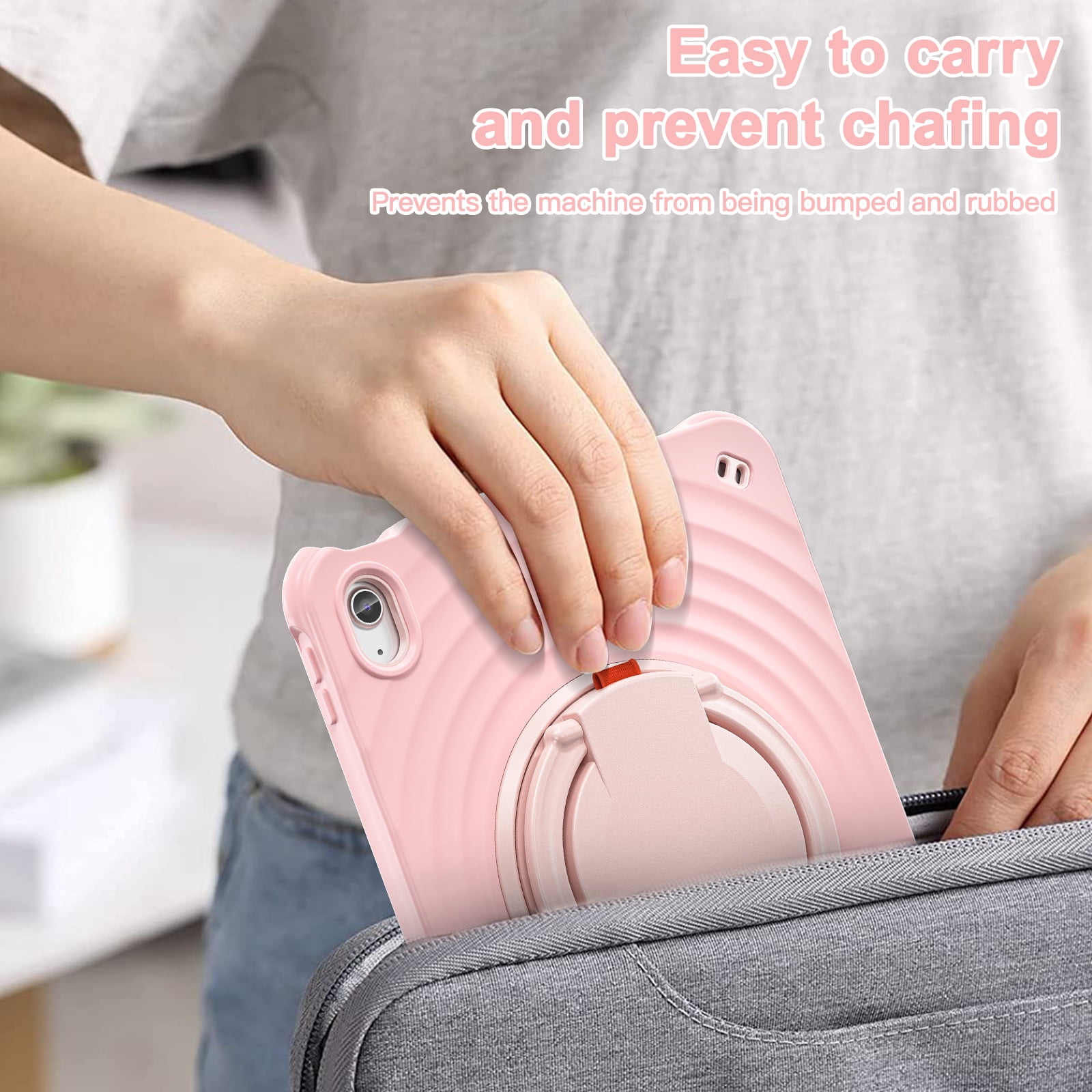 ELEHOLD Case for Apple iPad 10th Gen, Portable Hybrid Shockproof iPad Case with Pencil Holder & Hanging Ring Handle Rotatable Kickstand,Pink