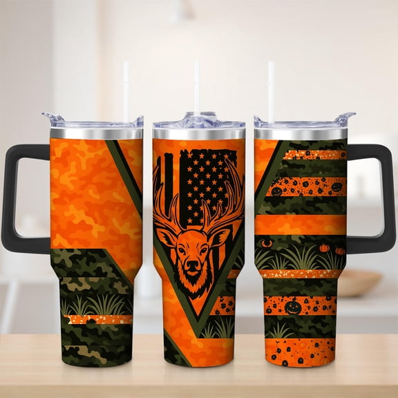 Hunting Camo Deer Flag Stainless Steel Insulated Mug with Lid and Handle, 30oz