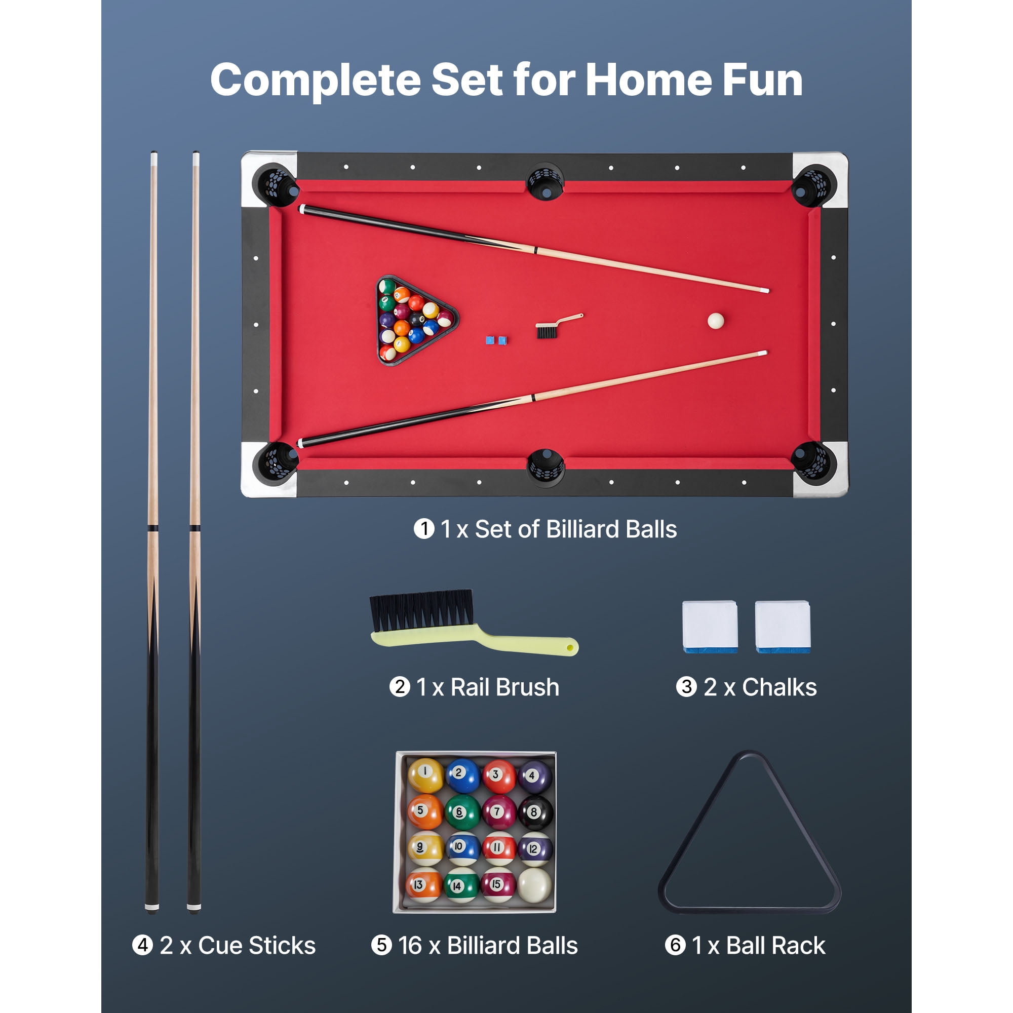 KFFKFF 6 ft Portable Pool Table, Adjustable Feet for Stability, Game Set with Balls, Cues, Rack, Chalk, and Brush, Black Frame with Red Felt, Ideal for Home and Recreation Rooms