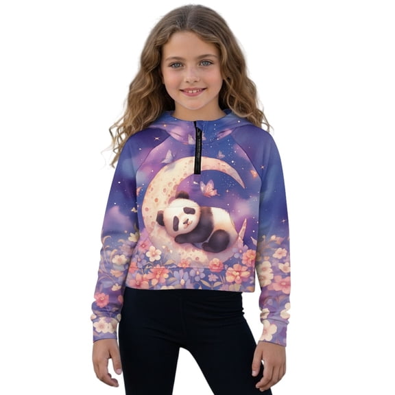 Xixirimido Panda Butterfly Moon Floral Pattern Girls Half Zip Sweatshirt Long Sleeve Pullover Crop Tops Kids Lightweight Hoodie Fashion Winter Clothes Size 7-8