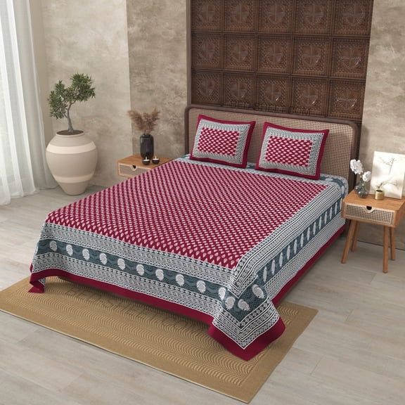 240 TC Cotton Maroon Border Maroon Base Floral Pattern 100% Pure Cotton 90 x 108 Inch Double BedSheet with 2 Pillow Covers