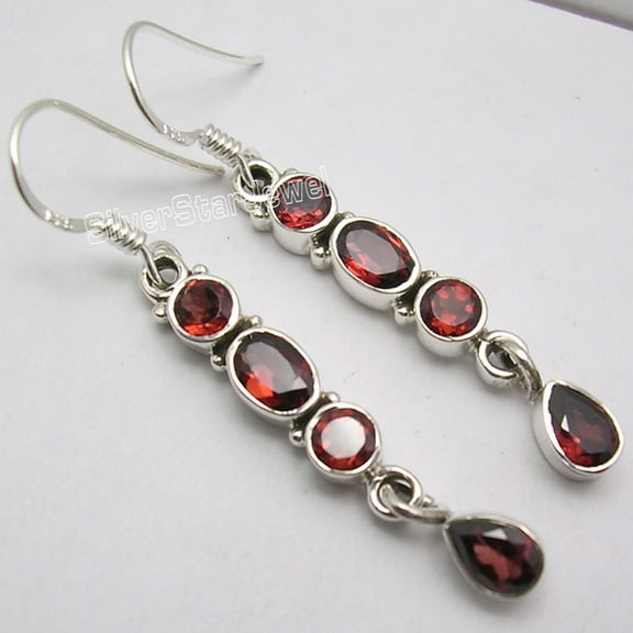 SilverStarJewel 925 Sterling Silver Garnet Long Dangle Earrings 1.9"