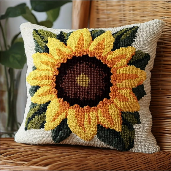 Latch Hook Kit For Adults,Sunflower Latch Hook Pillow Case Kits, Diy Cushion Kit 17X17Inch, Cross Stitch Embroidery Kits Cover Home Decor 43X43Cm