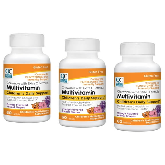 Quality Choice Chewable Multivitamin with Extra C Formula Children's Daily Support Tablets, 60 Count - Pack of 3