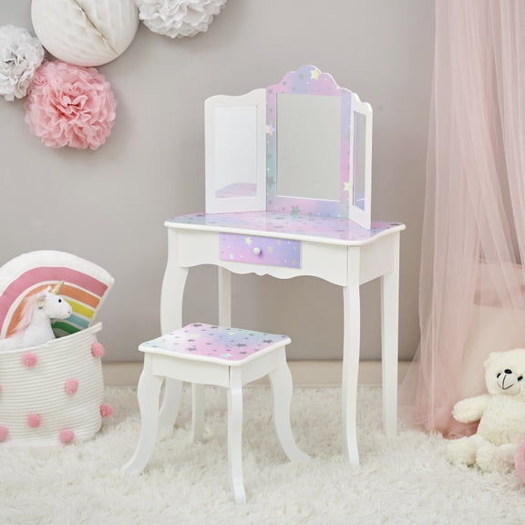 Fantasy Fields Gisele Starry Sky Wooden Kids Play Vanity Set with Tri-Fold Mirror & Stool, White & Lavender