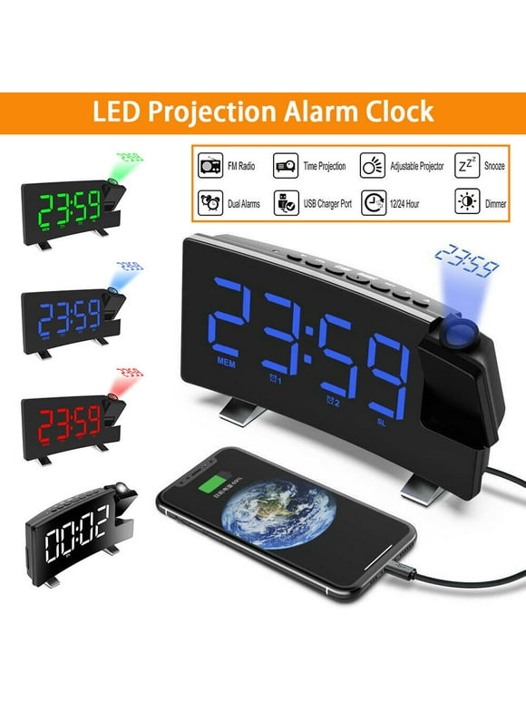 Projection Alarm Clock, 4-Level Dimmer, 8" Large Screen, 12/24H, USB Charging Port, Digital Alarm Clock Projector for Home