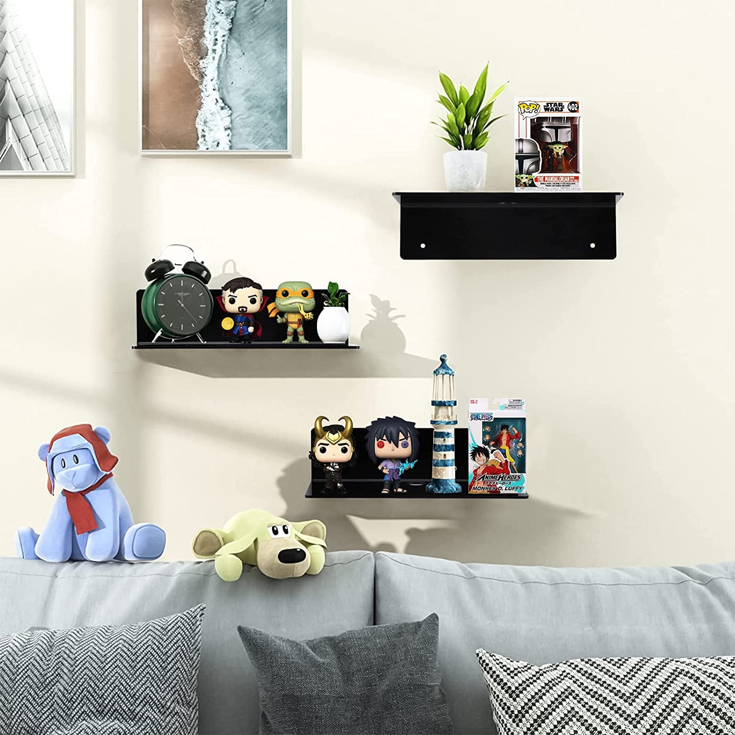 9 Inch Acrylic Floating Shelf No Drill Adhesive Wall Shelf Set of 4 for Funko Pop Storage, Floating Shelves Damage-Free Expand Wall Space for Living Room, Bathroom, Gaming Room, Office - Black