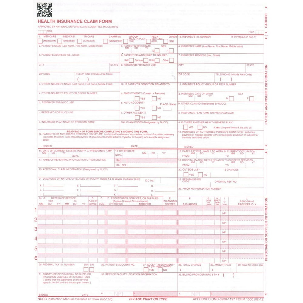 New CMS 1500 Health Insurance Claim Forms, HCFA Approved Version (02/12 ...