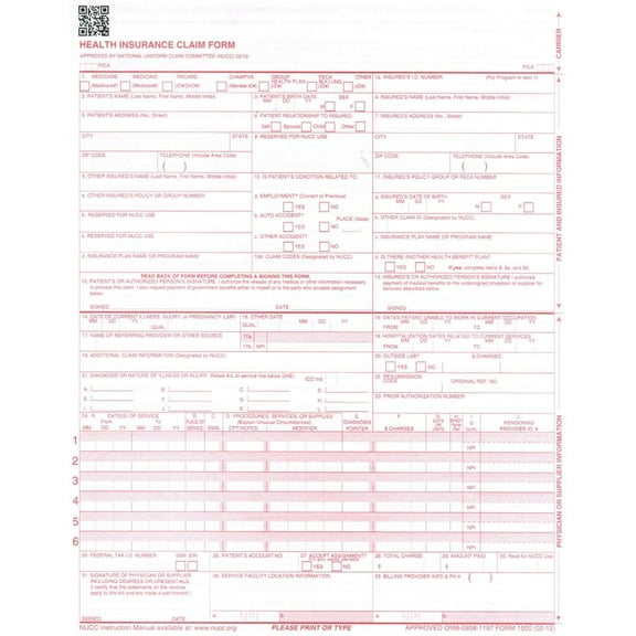 New CMS 1500 Health Insurance Claim Forms, HCFA Approved Version 02/12 - Ream of 100 Forms