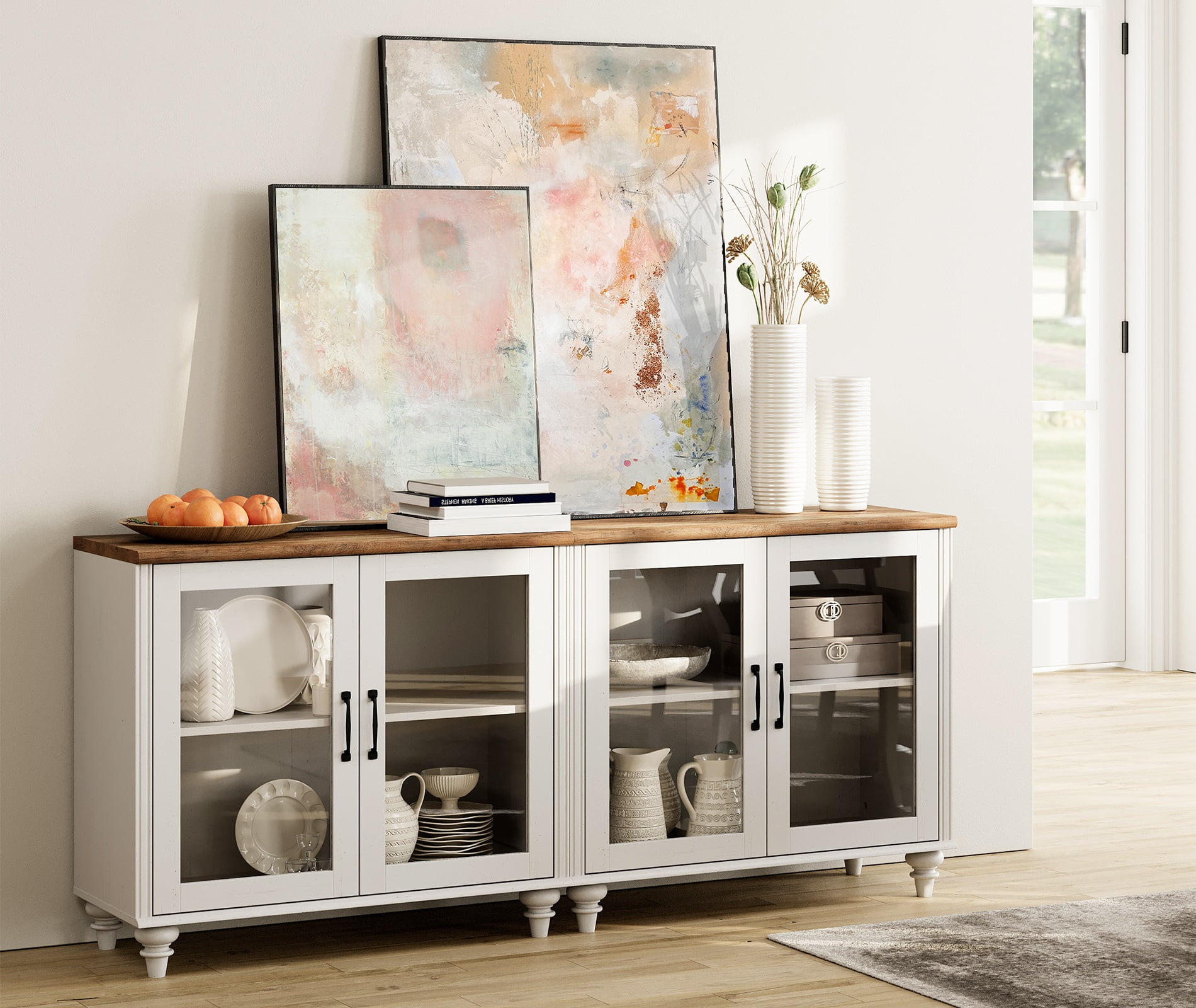 Buffet Cabinet with 4 Glass Doors, Kitchen Storage Cabinets with Adjustable Shelf, 68 inch, White