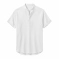 thumbnail image 2 of KyCheLot Cotton Linen Shirts for Men Buttons V Neck Short Sleeve Loose Stand Collar Blouse Big and Tall Tops, 2 of 6