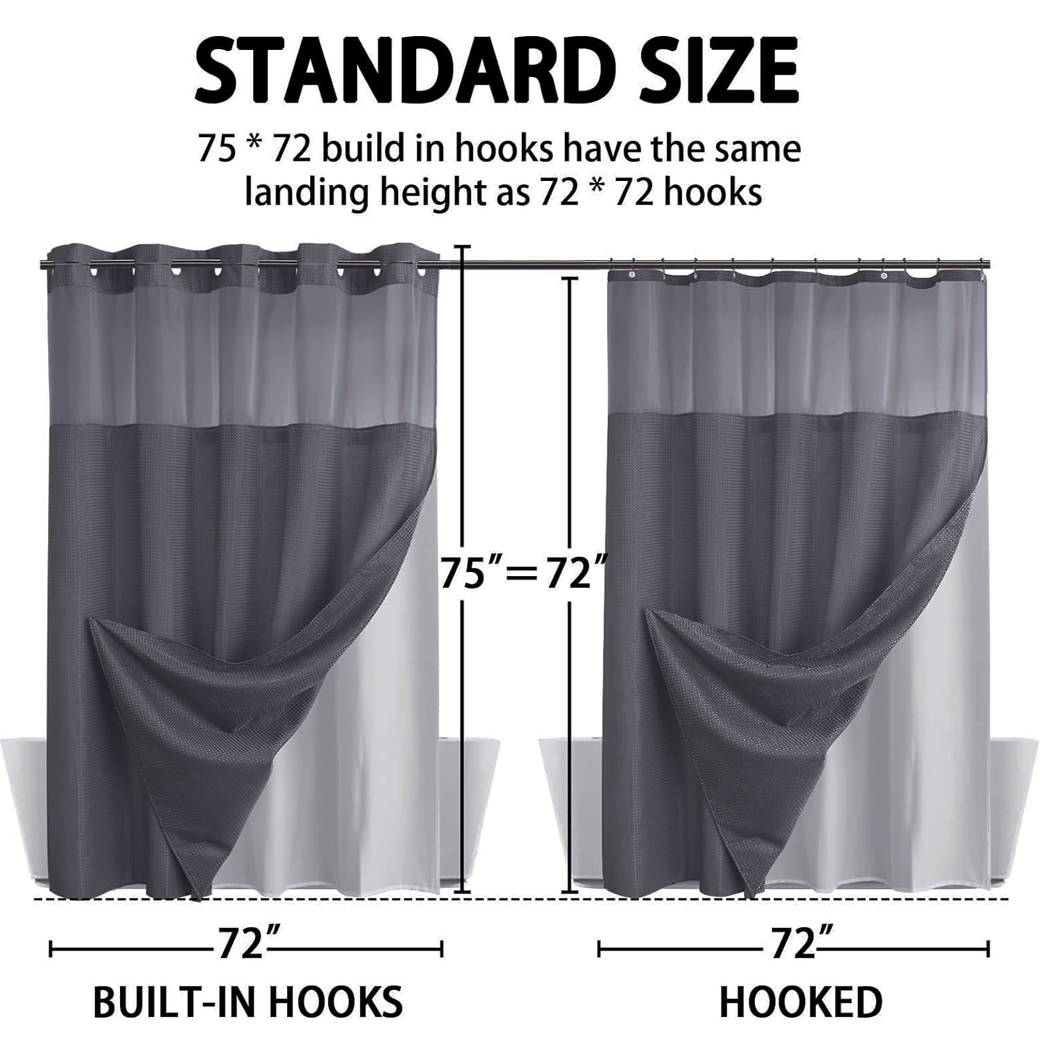 Waffle Weave Shower Curtain with Snap in Fabric Liner, No Hook Shower Curtain with Snap-in Liner, DawnJoanHD Dark Grey Heavyweight Fabric Shower Curtain with See Through Top Window, 72"X75"