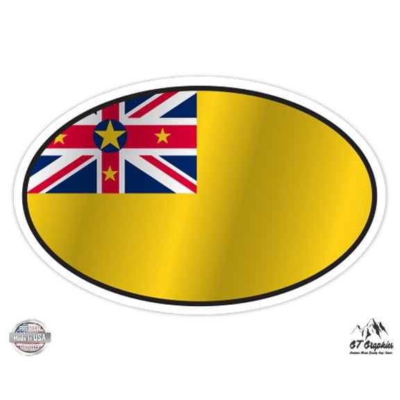 Niue Flag Oval - 3" Vinyl Sticker - For Car Laptop I-Pad Phone Helmet Hard Hat - Waterproof Decal