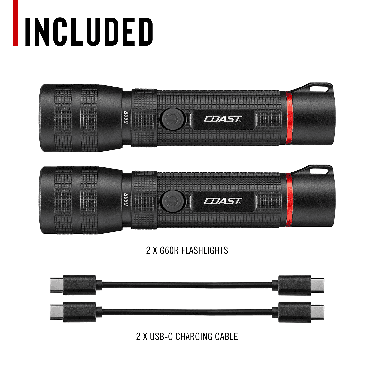 Coast G60R 1000 Lumen Rechargeable LED Flashlight, IP67 Waterproof, 2-pack