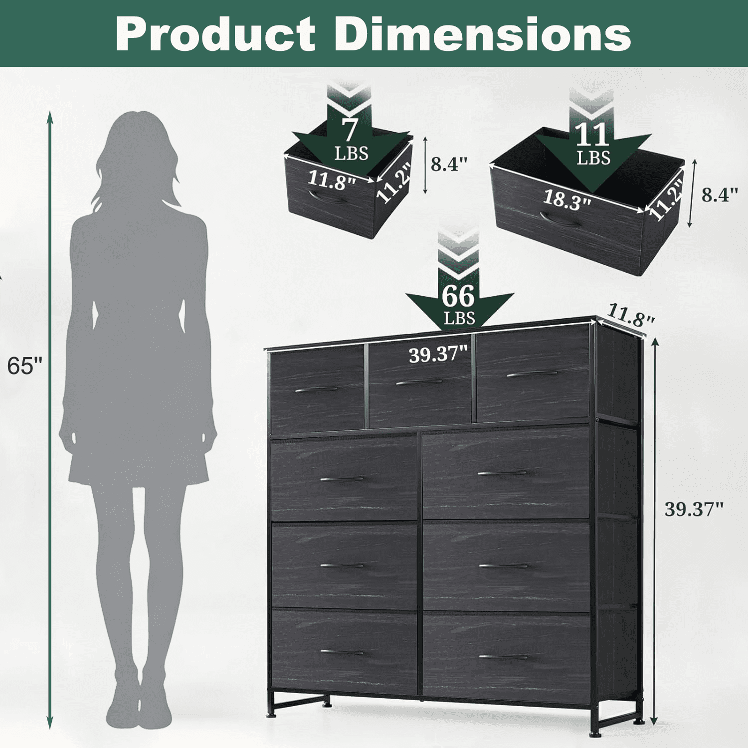 Aidoly 9-Drawer Wide Fabric Storage Dresser with Wooden Top - Space-Saving Bedroom & Closet Organizer, Charcoal Black