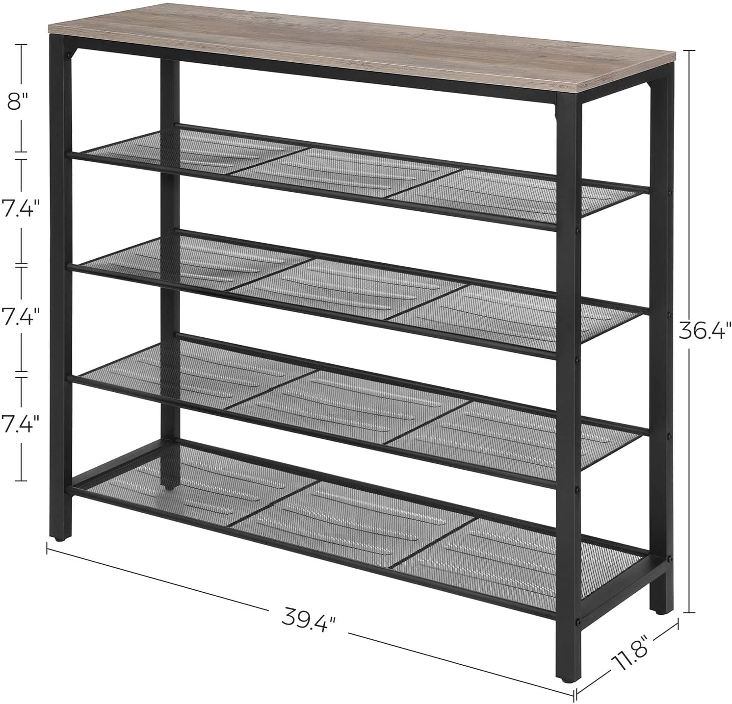 VASAGLE 5 Tier Extra Long Shoe Rack, Rustic Brown and Black, 39.4 Inches,  with 8 Side Pockets, Shoe Shelf for Closet Entry, Steel Frame, Industrial