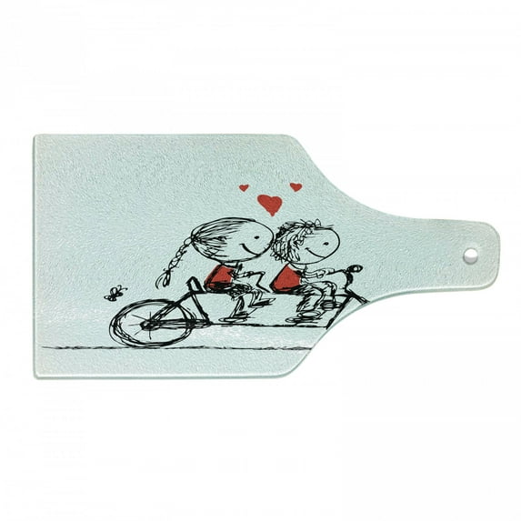 Bicycle Cutting Board, Love Couple Cycling Together Soul Mates Valentines Sketchy Print, Decorative Tempered Glass Cutting and Serving Board, Wine Bottle Shape, Black White Scarlet, by Ambesonne