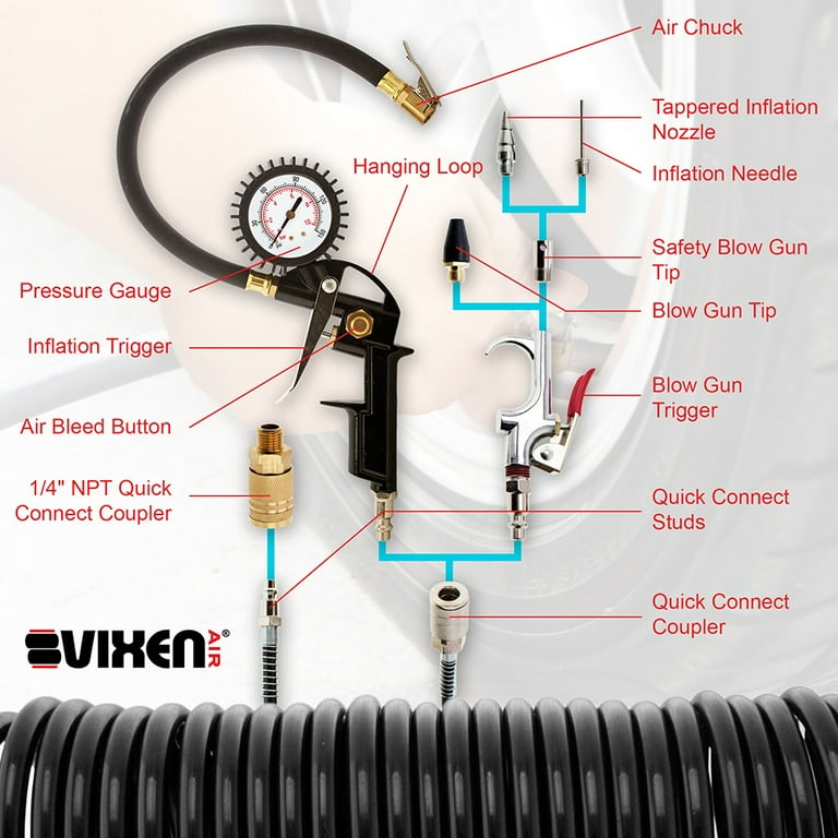 Vixen Air Tire Inflation Kit with Blow Gun and 1/4 NPT Quick Connect  Coupler, Inflates Tires, Toy, Sport Balls, Air Mattresses VXK1490 