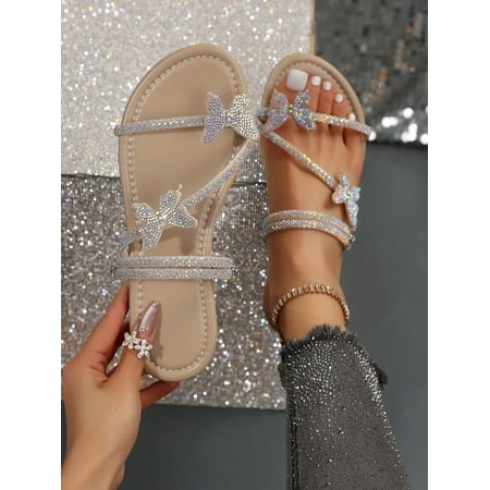 

Multicolor Rhinestone Bow & Multiple Straps Two Way Wear Women‘s Slippers For Summer/Autumn/French Style/Chic Silver Color