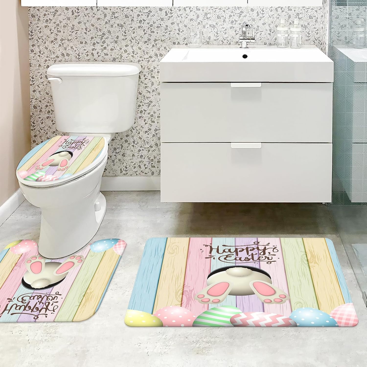 4pcs Easter Shower Curtain Sets with Non-Slip Rugs Toilet Lid Cover and Bath Mat Bunny Easter Bathroom Curtain Decor Set with 12 Hooks Waterproof Shower Curtain Set for Bathroom