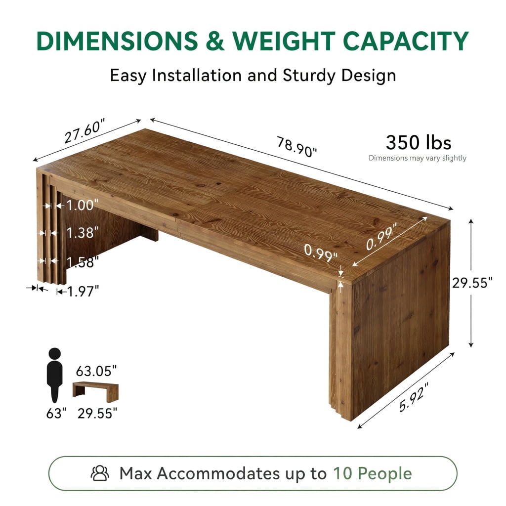 Hommoo Solid Wood Rectangular Dining Table for 6-10 People, 78.7 Inch Rustic Farmhouse Kitchen & Dining Room Table with Heavy-Duty Build, Natural