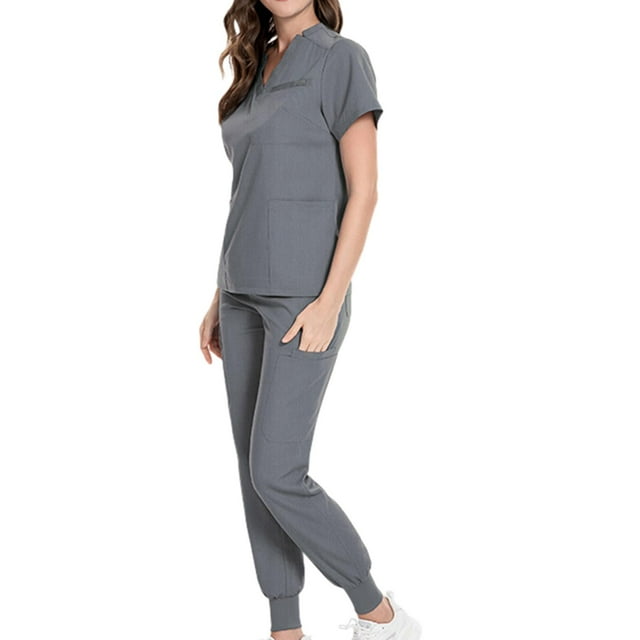 Conjunto de uniformes de enfermería con bolsillos, Top de enfermera, pantalones, ropa, trajes de trabajo de enfermería femeninos modernos para tienda , metro, gris Yinane Uniforme de enfermera