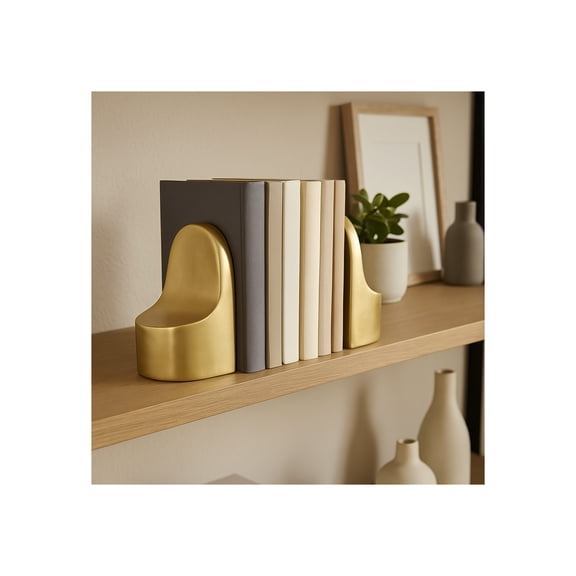 Polished Ceramic Bookends for Bookshelf Styling - Elegant Artful Book Accent for Library Accessories - Decorative Display for Home Office and Desk Decor - Set of 2, 6", Gold & Metallic