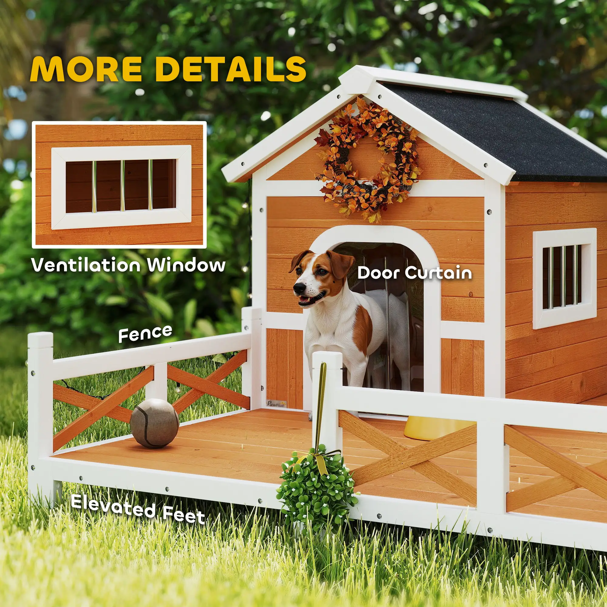 Outdoor Dog House with Fenced Terrace, Asphalt Roof, Openable Top Removable Floor, Weatherproof Pet Shelter for Small Medium Dogs Under 44 lbs