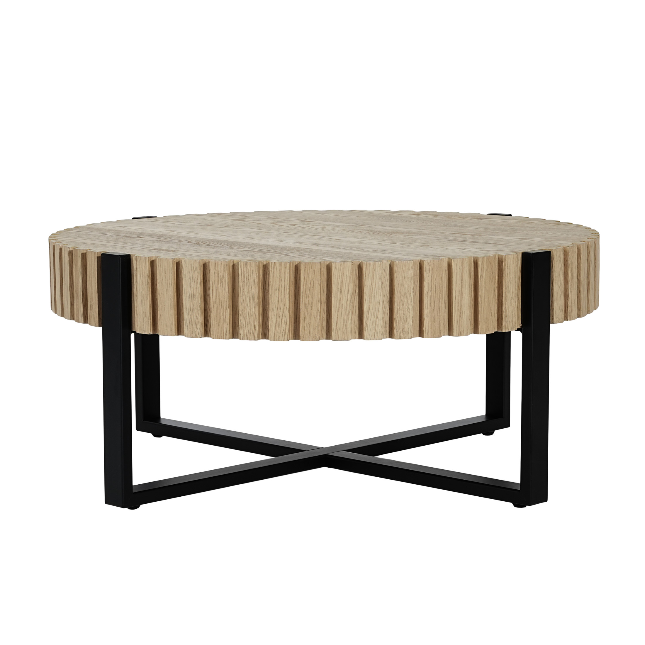 Christopher Knight Home 31" Round Coffee Table with Gear Design, Cross Metal Base, Black+Natural