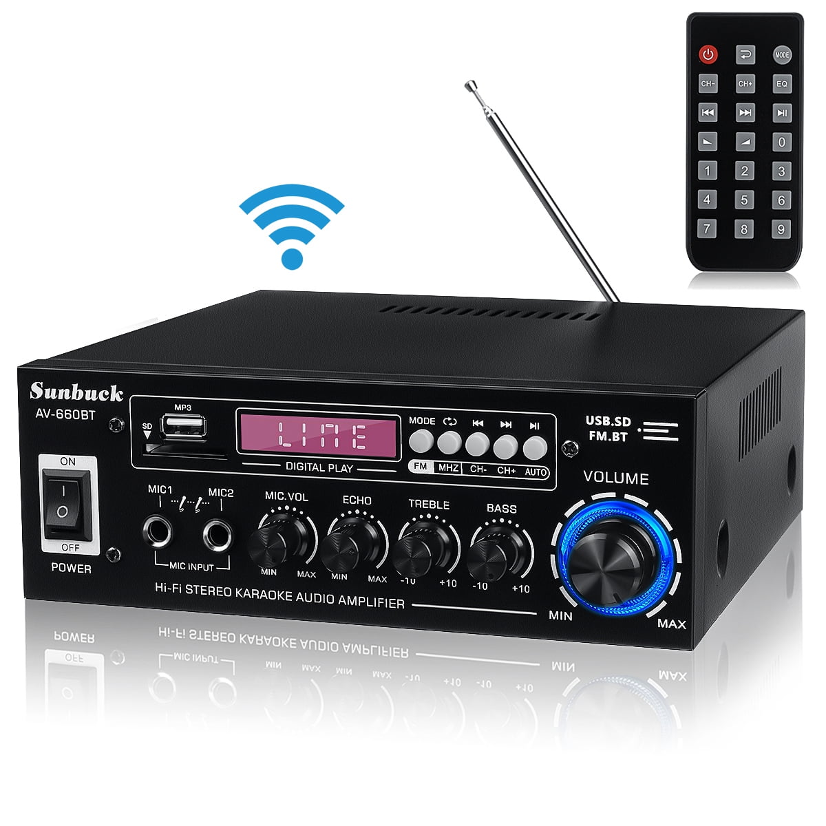 aangenaam meesteres Afname Sunbuck Bluetooth 5.0 Power Amplifier, Stereo Radio Amp, Music Player, 2  Mic in 1 for Car / Home Use, Black - Walmart.com
