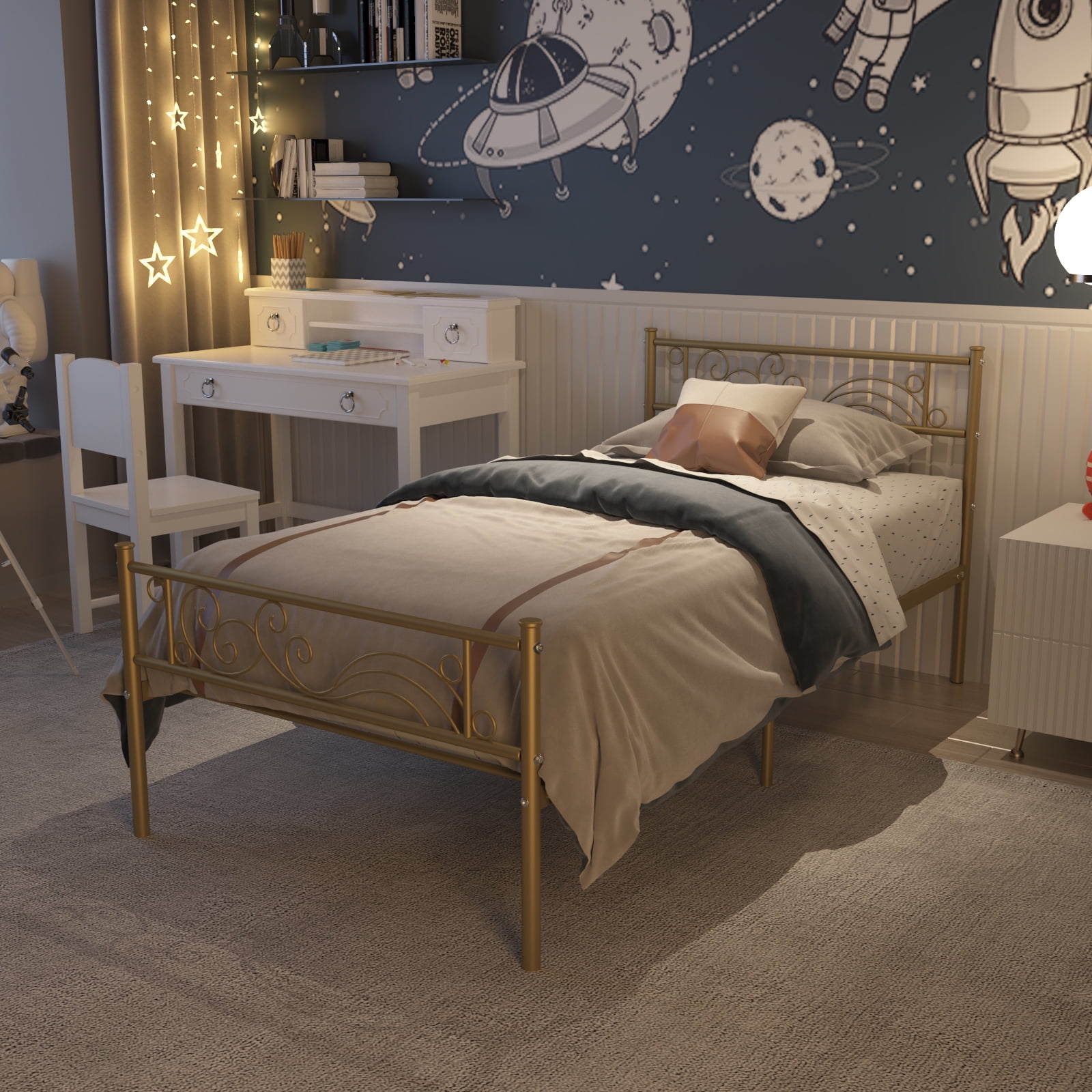 Yoneston Twin Size Metal Platform Bed Frame with Headboard Footboard for Kid - Gold