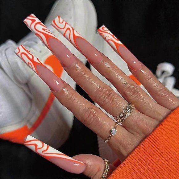 24-Pack Women's Pressed Nails Fake Long Lines Orange White Color Block Wave Heat Wave Manicure DIY Manicure Tools Full Coverage Nail Stickers
