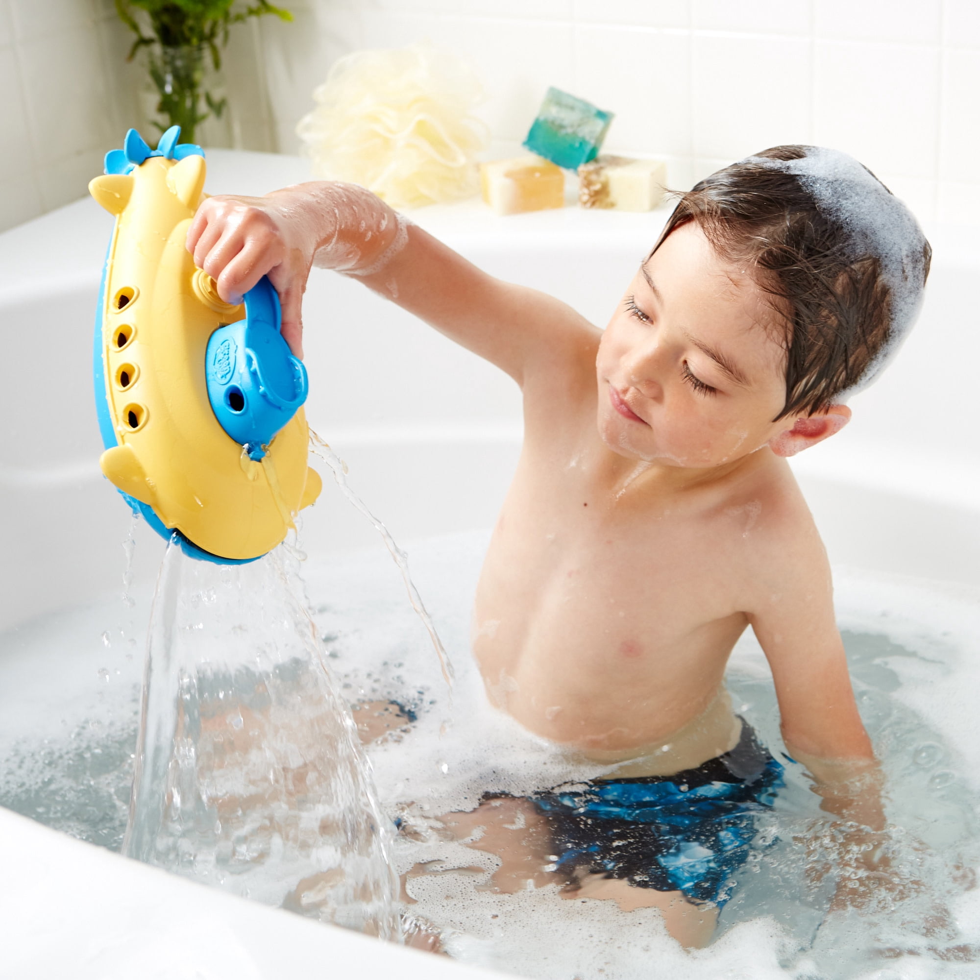 Green Toys: My First Submarine - Blue & Yellow - Floating Watercraft Bathtime Toy, Scoop & Pour Water Play, Recycled Plastic, Kids-Toddlers-Baby 6mo+