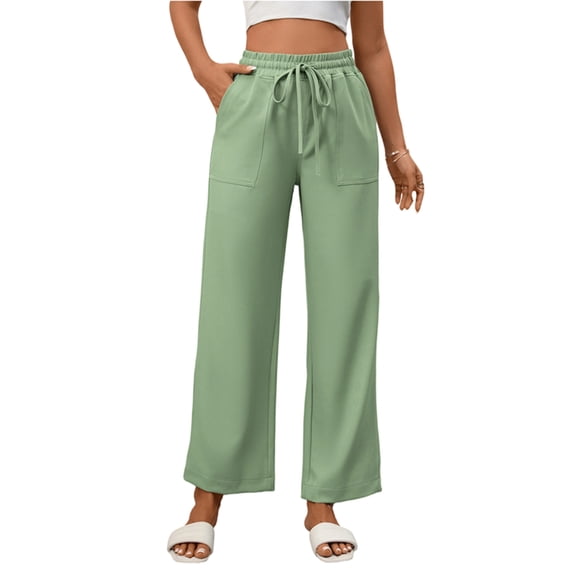 Women Casual Pants Loose Elastic High Waisted Drawstring Wide Leg Pants with Pockets Green L