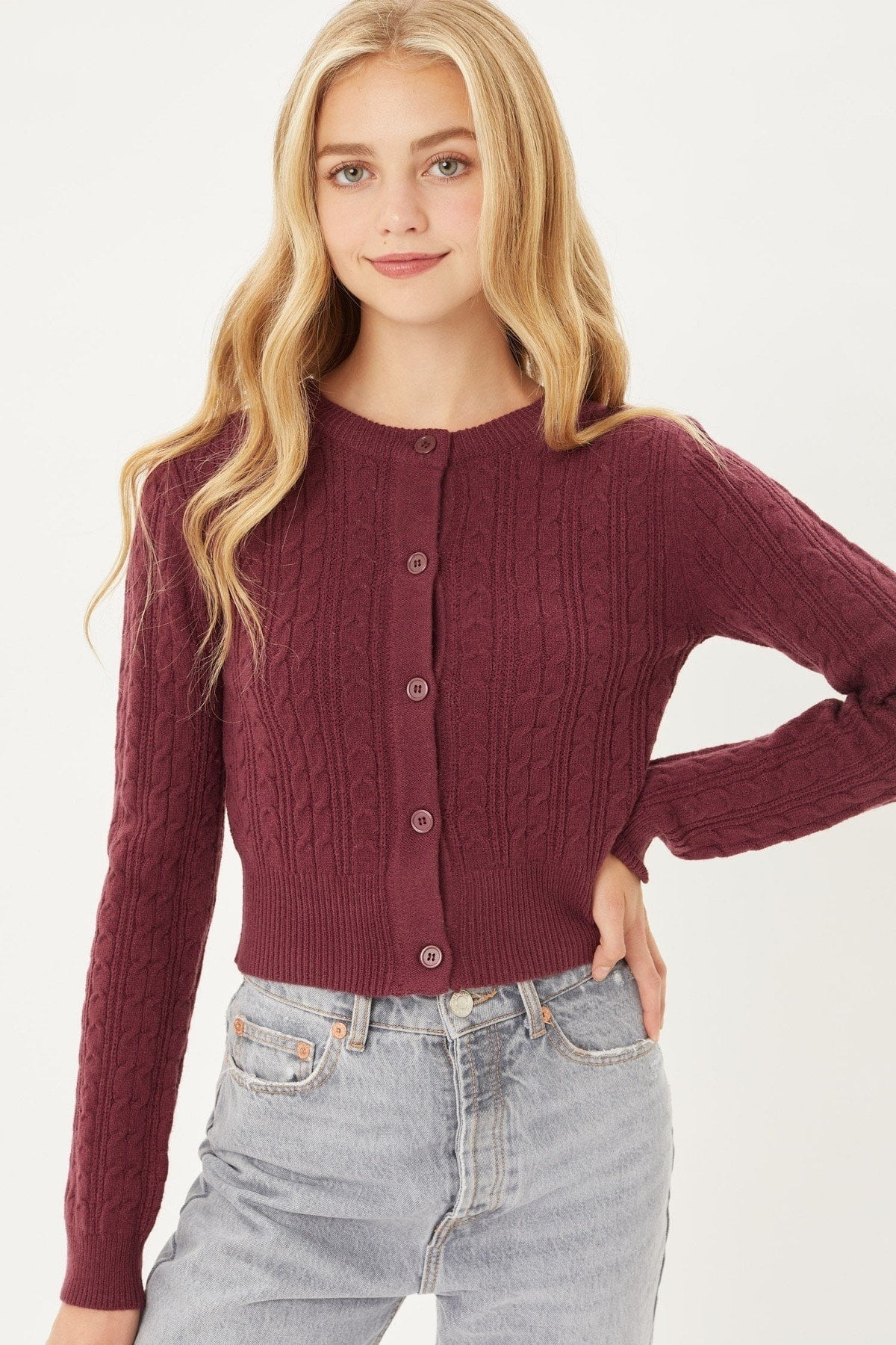 burgundy cable knit cardigan