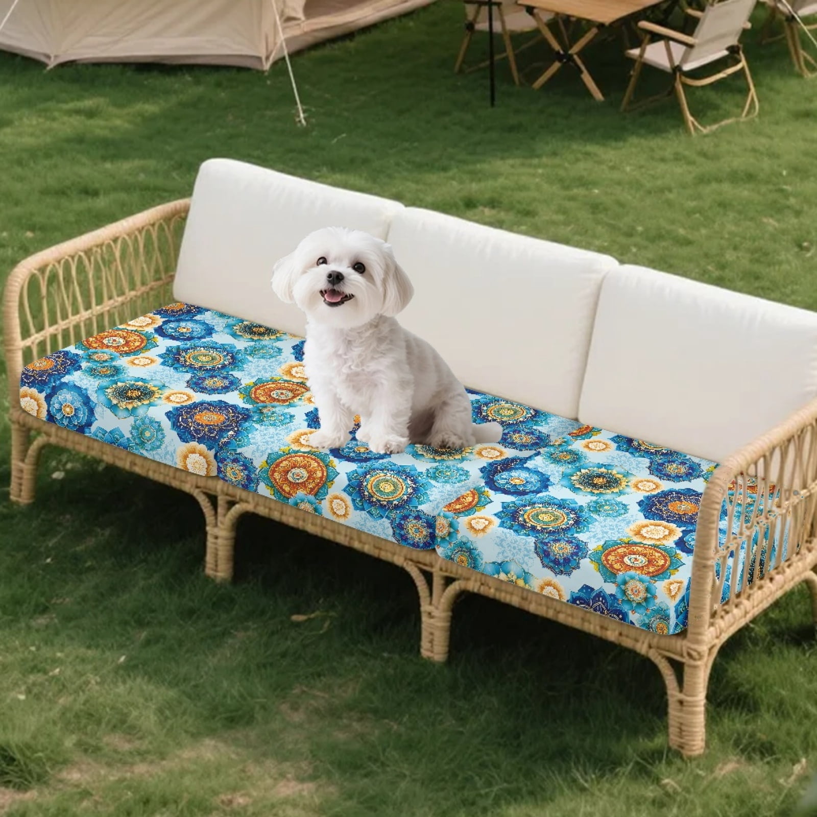 Xoenoiee Boho Mandala Flower Print 3-Piece Couch Cushion Covers, Stretch Sofa Seat Slipcovers with Non-Slip Elastic Bottom, Washable Furniture Protector for Living Room Outdoor Patio