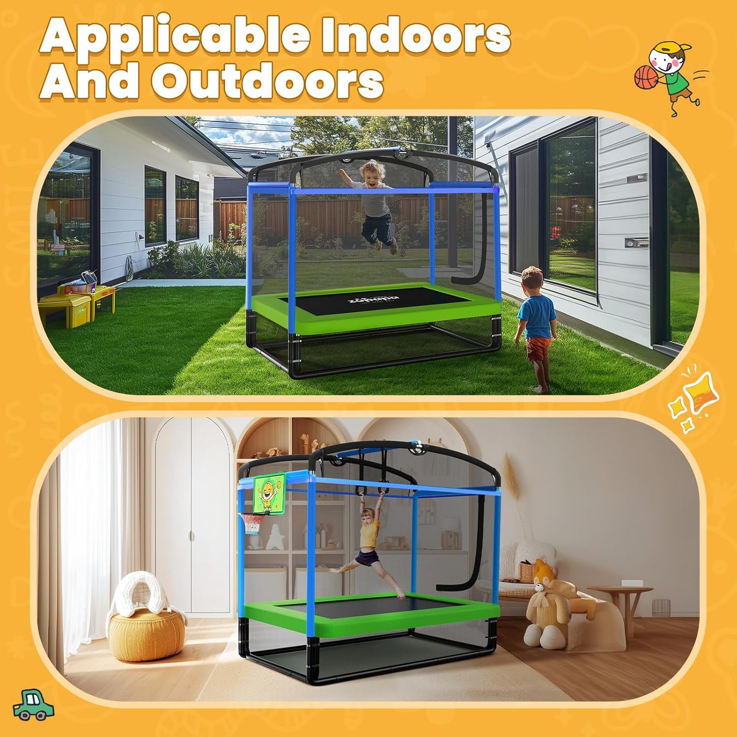 Zupapa 5 in 1 Rectangle Kids Trampoline 6FT with Basketball Hoop, and Safety Net Square Trampoline for Toddlers Ages 3-6, 220LBS Capacity