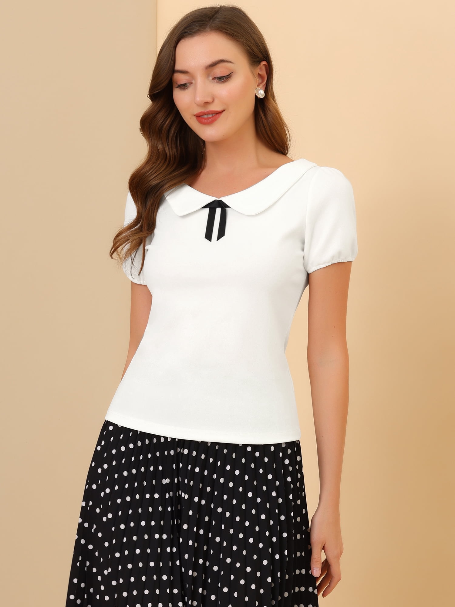 DARING DIVA Flat Collar Elastic Cuff Bow Decor Blouse L White