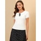 thumbnail image 4 of Top de blusa con decoración de lazo elástico de manga corta con cuello plano para mujer blanco XS, 4 of 6