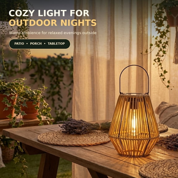 Solar Powered Faux Rattan Outdoor Lantern, Waterproof LED Table Lamp with Handle, Woven Patio Garden Light, Ambient Hanging Decor for Backyard Porch Balcony