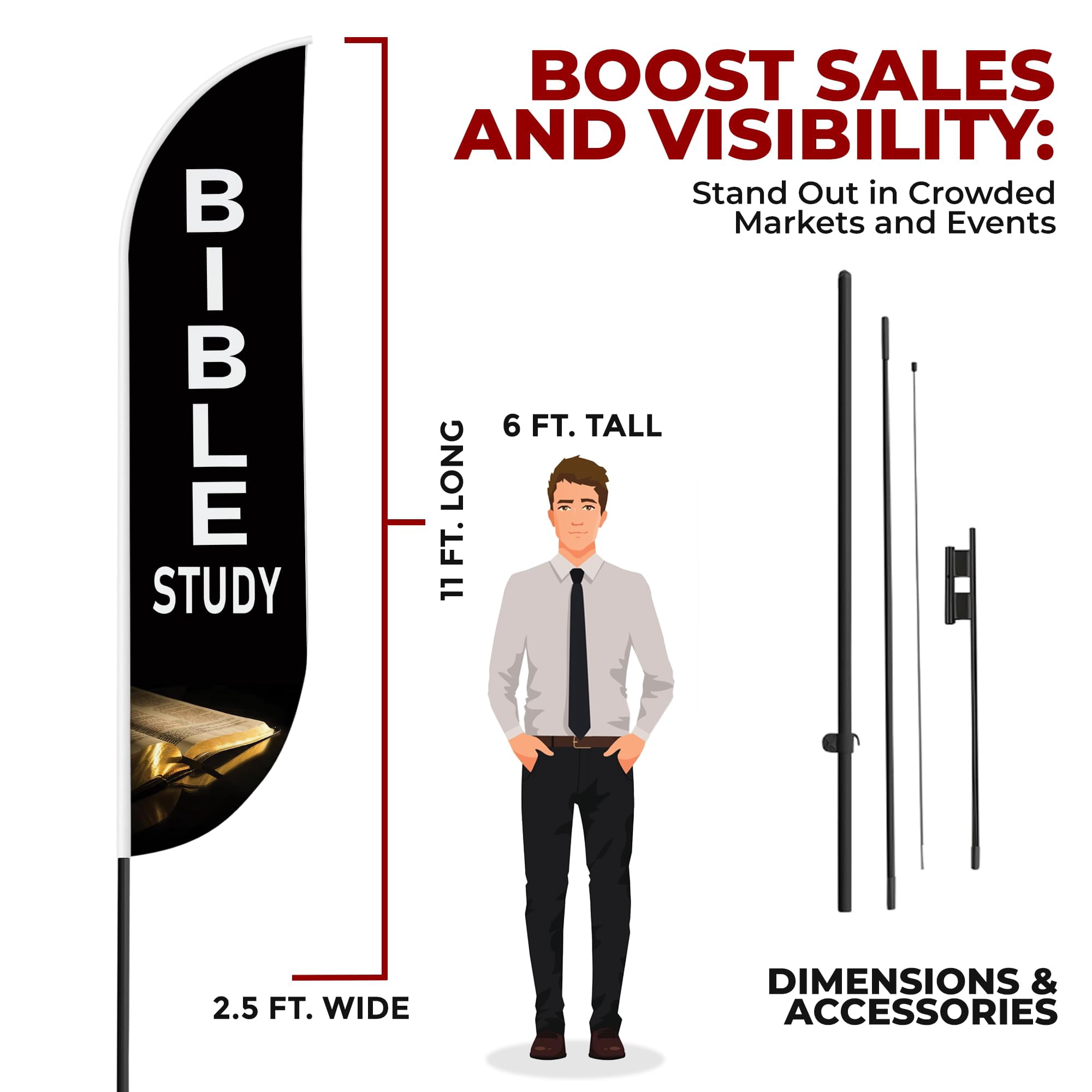 Bible Study Sign feather flag Pole kit for Outdoor by Mavis | 15 FEET Tall Polyester Banner Flag Pole Mount with Cover for Easy Hang | HD Print Swooper Flags to Promote Church Activity